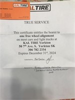 Free Wheel Alignment Certificate - Donated by