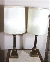 Mid Century Brass & Wood Column Pillar Lamps
