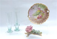 Floral Platter, Porcelain Rose Figurine,Glassware