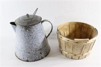 Cook Out LARGE Enamel Coffee Pot & Wood Basket