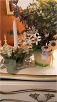 Silk flower arrangement and cut glass dish with