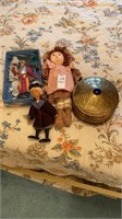 Brass container and 3 Dolls