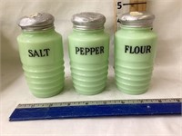 Jadeite Glass Salt, Pepper & Flour Shakers, 4