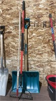 SNOW SHOVEL, GARDEN RAKE AND HOE