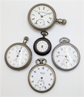 (X) 5 Silvertone Pocket Watches - Trenton, Elgin,