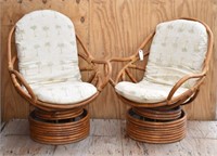 (2) Rattan Barrel Swivel Chairs w/ Cushions