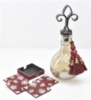 Iridescent Glass Vase With Tassel & Fancy Coasters