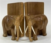 Vintage OOak Teak Elephant Hand Carved Bookends