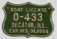 1954 Decatur, Illinois Metal Shield Boat License
