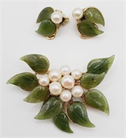 (AB) Swoboda Faux Jade and Pearl Brooch and