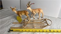 2 Vintage Plastic Deer with Handmade Sleigh