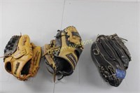 3 Baseball Gloves, 2 Spalding, 2 Left & 1 Rt Hand