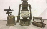 Antique blow torch , Beacon lantern  and a iron .