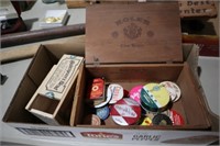 WOOD BOXES, TINS, BADGES MISC