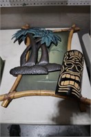 WOOD MASK, PALM TREE PAINTING. TIN TREES,