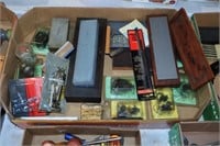 BOX OF SHARPENING STONES, WRENCHES, RAT. KIT MISC