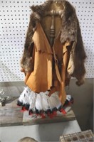 NATIVE AMER. FUR & LEATHER CAPE,HEAD DRESS & STAND