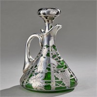 Sterling Silver Overlay Green Glass Decanter
