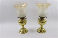 2 - Brass w Frosted Ruffled Edge Glass Oil Lamps