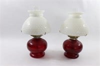 Cranberry Glass Lamps w Milk Glass Hobnail Shades