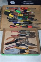 2 BOXES OF SCREWDRIVERS, PLIERS, MISC