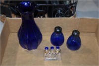 COBALT VASE & S&P SHAKERS, ORNATE ANNOINTING OIL