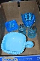 COLL OF BLUE GLASS S&P, BLUE HOBNAIL DISHES, MISC