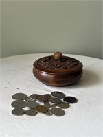 Carved wooden box & foreign coins