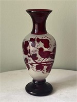 Flawed Ruby & Frosted Glass Vase w/Bird & Foliage