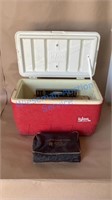IGLOO COOLER WITH LEVEL, MITRE BOX, SHEARS, ETC.