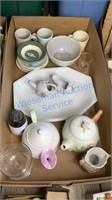 TEA POTS, PLATTER AND MISC GLASSWARE