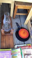 CAST IRON SKILLETS & OIL LAMP WITH WALL SCONCE