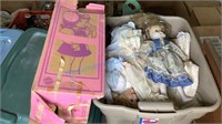 VINTAGE DOLLS IN TOTE WITH LID