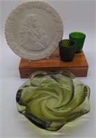 (2) Fenton Glass Pieces & Green Hobnail Votive