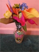 Hand Painted Vase w Artificial Flowers