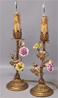 Pair French Ormolu Applied Porcelain Flower Lamps
