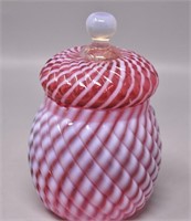 Art Glass Cranberry Lattice Opalescent Jar w/Lid