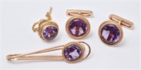 14k Gold & Syn Purple Sapphire Cufflinks, Tie Tack