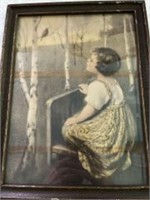 Vintage Lithograph Girl Watching Bird