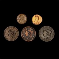 (5) Varied US Cents (1817, (2) 1838, 1910,