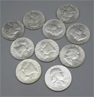 (10) 1963-D UNC Franklin Half Dollars.