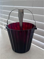 Vintage Ruby Red Depression Glass Ice Bucket tongs