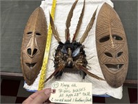 3 old tribal masks 2 carved wooden 1 w feathers