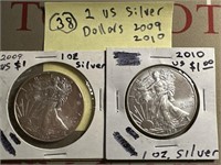 2 US Silver dollars 2009 2010 1oz each