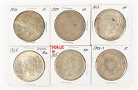 Coin 1922(2)+1923 to 1926 Peace Dollars(6) F-AU