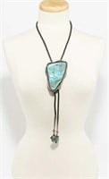 Jewelry Zuni Signed Silver & Turquoise Bolo Tie