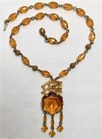 Antique Czech Glass Topaz/Amber Costume Necklace