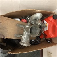 Box of Meat Grinders and Misc containers