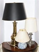 (3) Lamps: Brass font lamp, Pewter font lamp,
