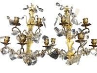 PAIR OF BRASS & CRYSTAL ANTIQUE WALL SCONCES
